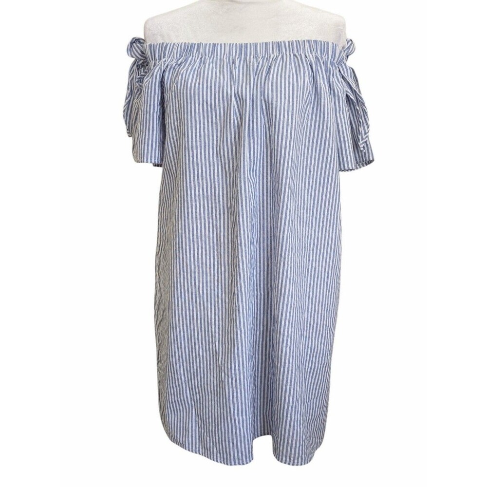 She and Sky Off Shoulder Mini Dress Blue & White Stripe Size Large